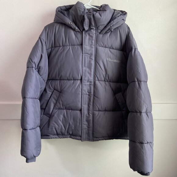NWOT Collusion Charcoal Gray Unisex Hooded Nylon Puffer Jacket - Picture 1 of 7